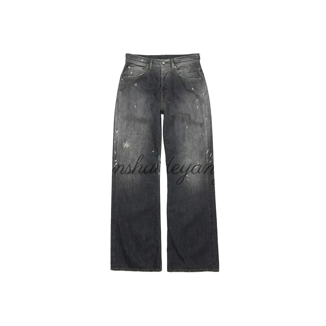 Distressed, splatter-painted black and gray wide-leg jeans