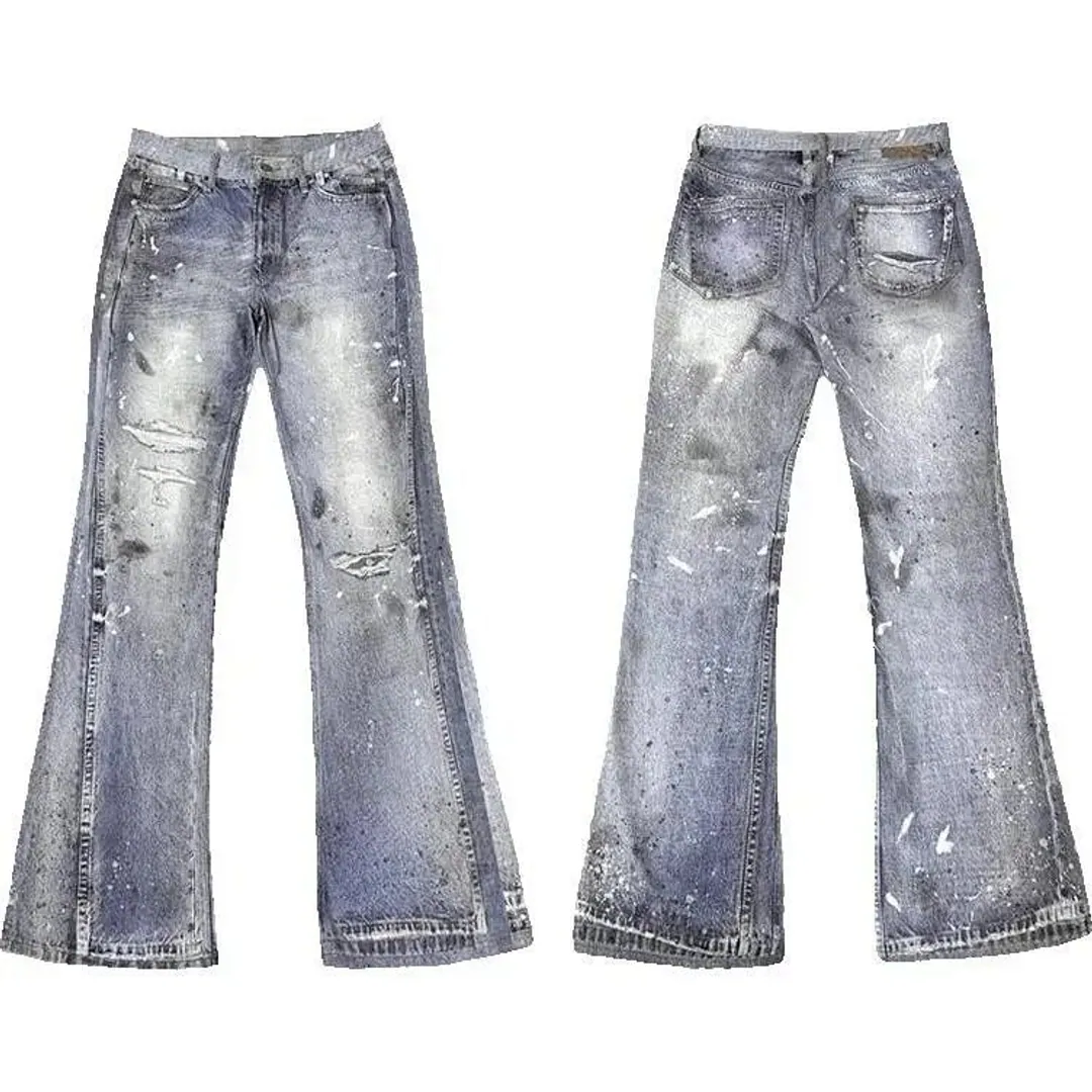 Wanna Lab Ice blue stained flared denim