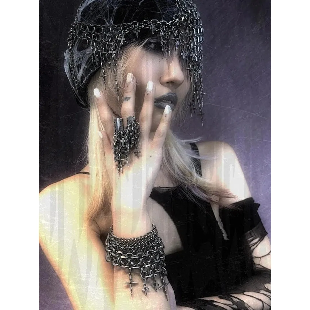Iiimiii Erosion Metal Series Dark Cross Chain Asymmetrical Patchwork Ring