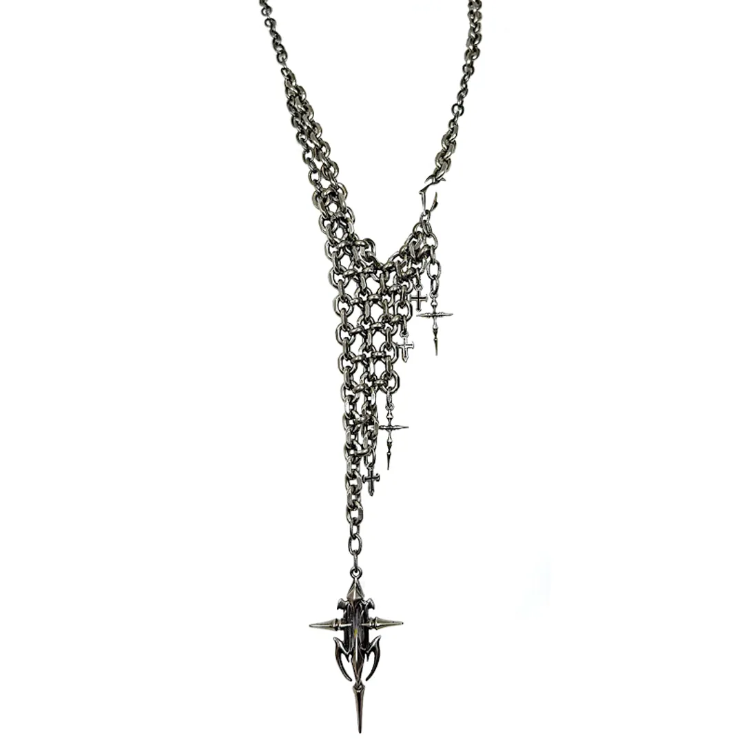 Iiimiii Erosion Metal Series Dark Cross Chain Asymmetrical Long Necklace