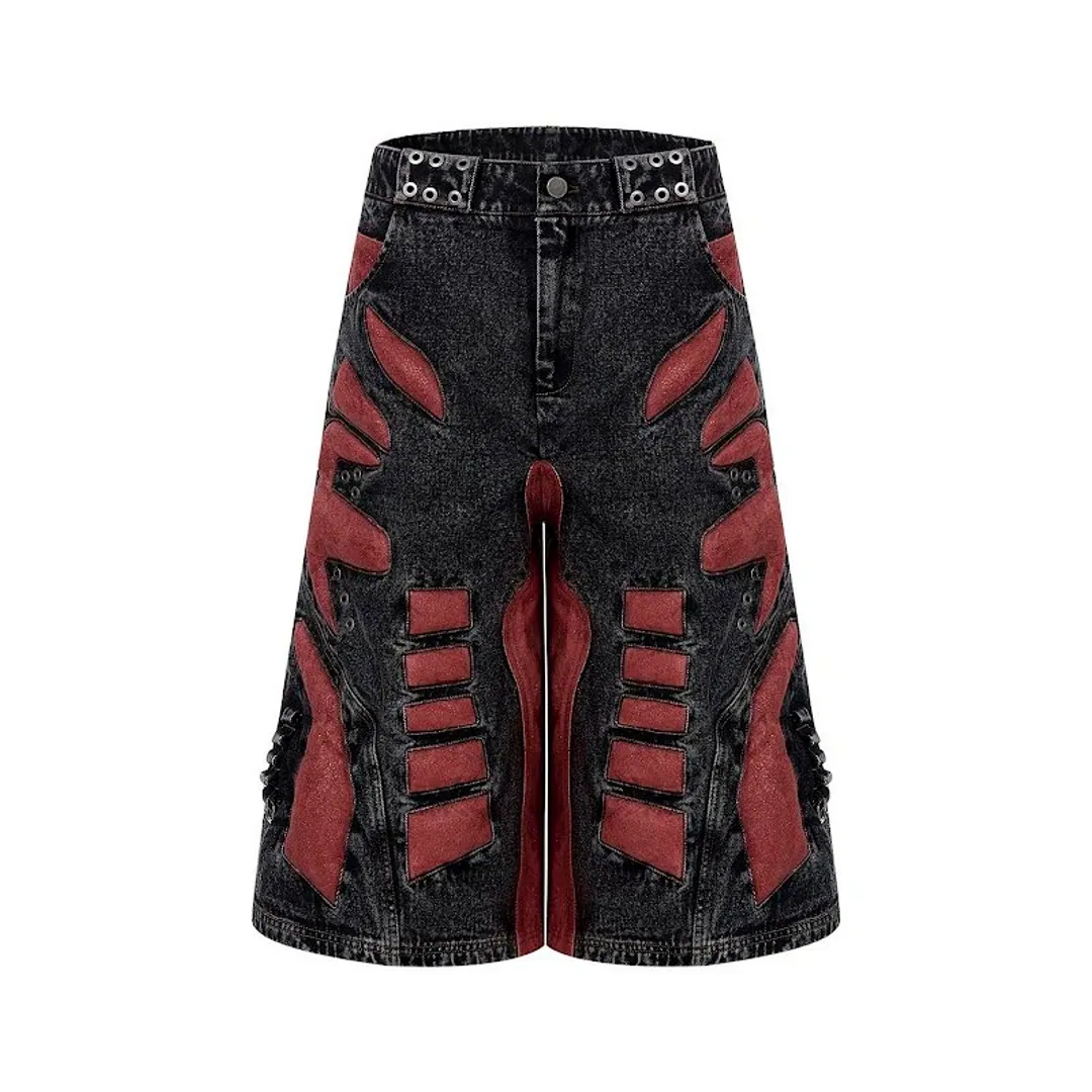 STARTEXCEEDEND Three-Dimensional skeleton patchwork denim shorts
