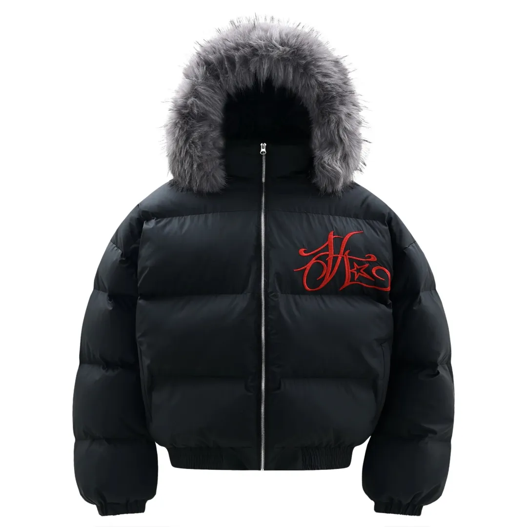 American retro style short cotton-padded jacket with fur collar