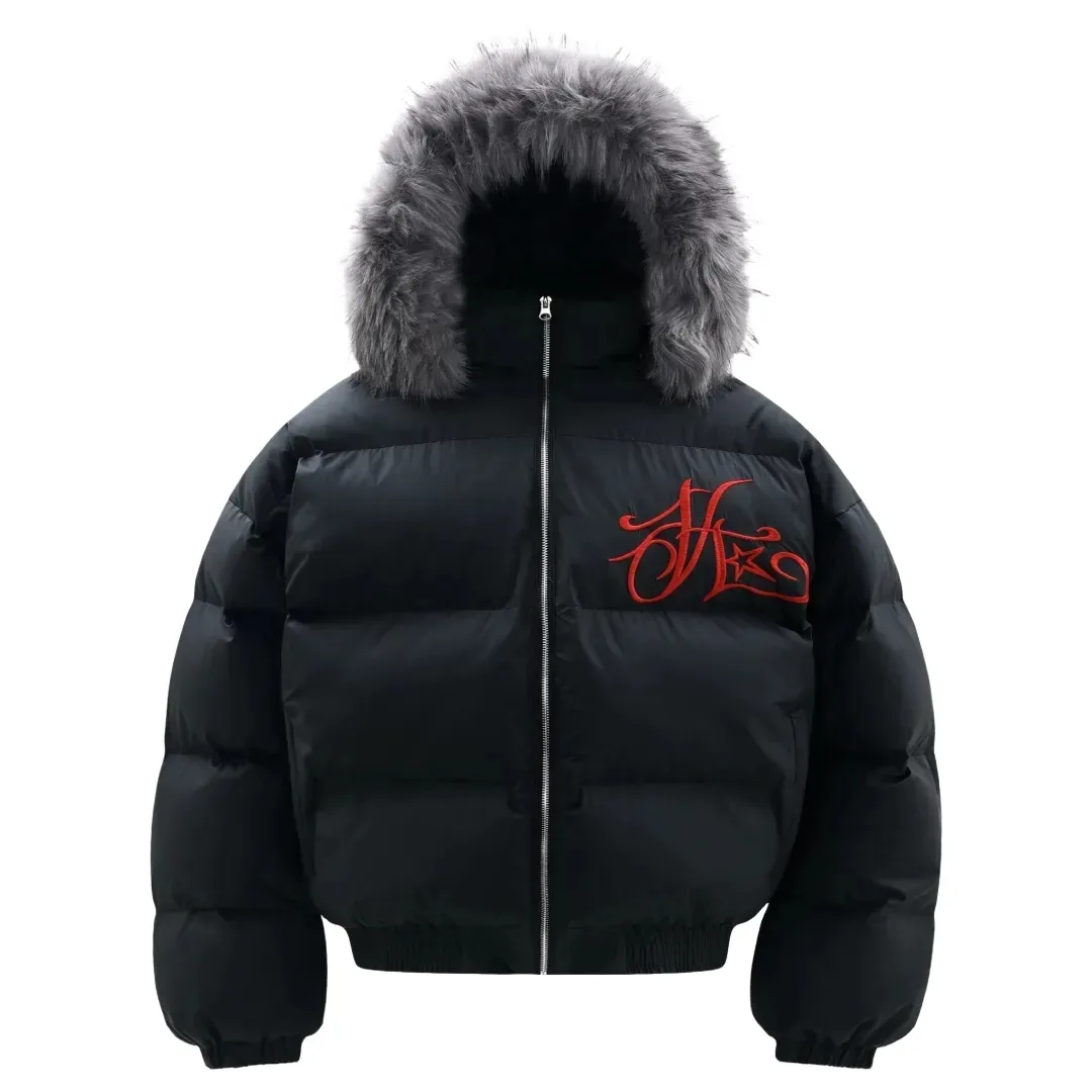 American retro style short cotton-padded jacket with fur collar