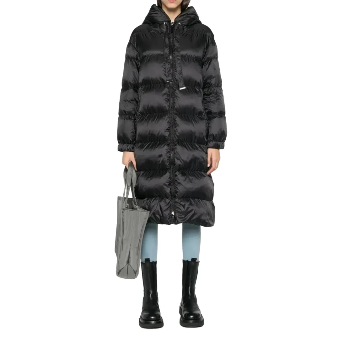 Long hooded quilted down jacket