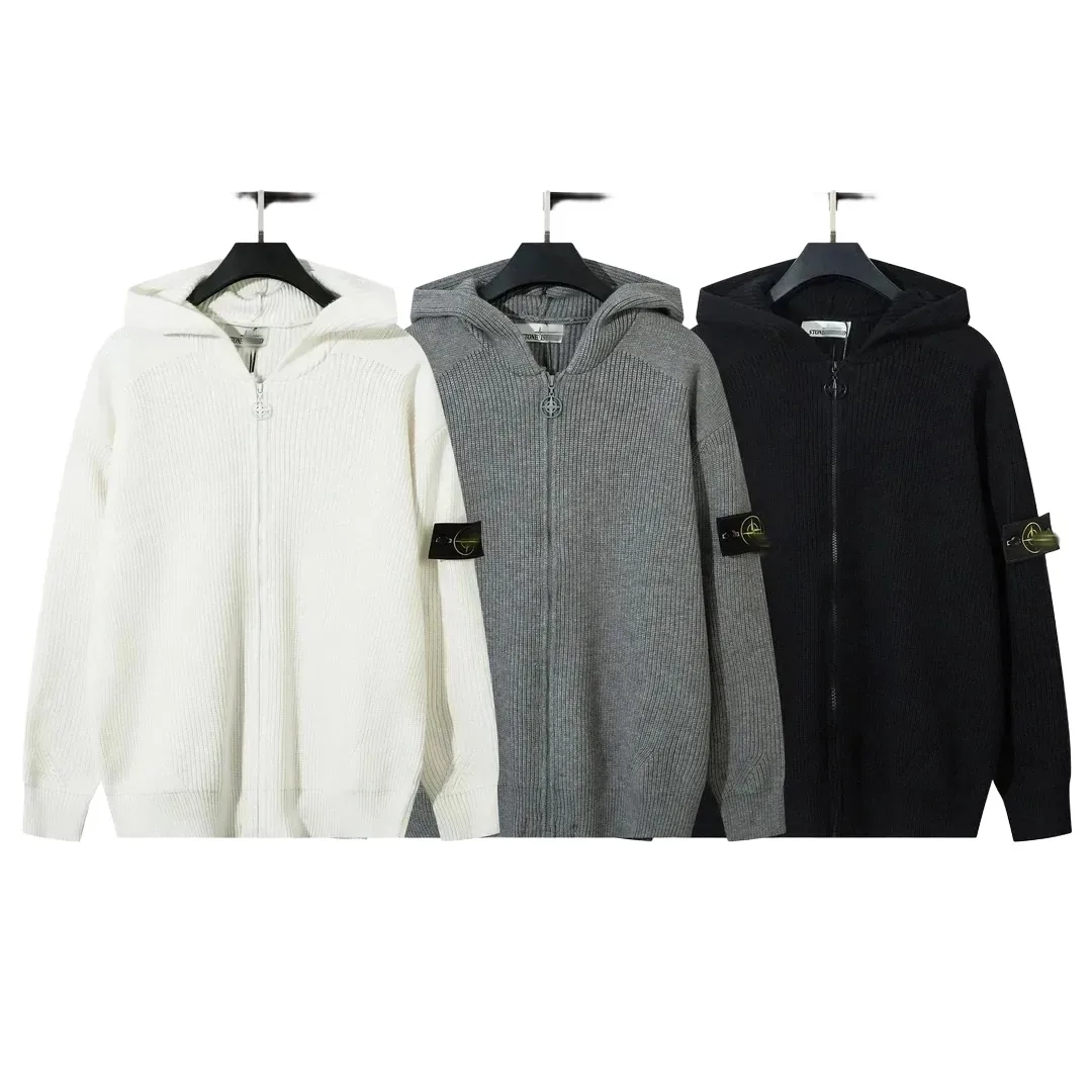 Stone Island Compass Patch Ribbed Knit Zip Hoodie