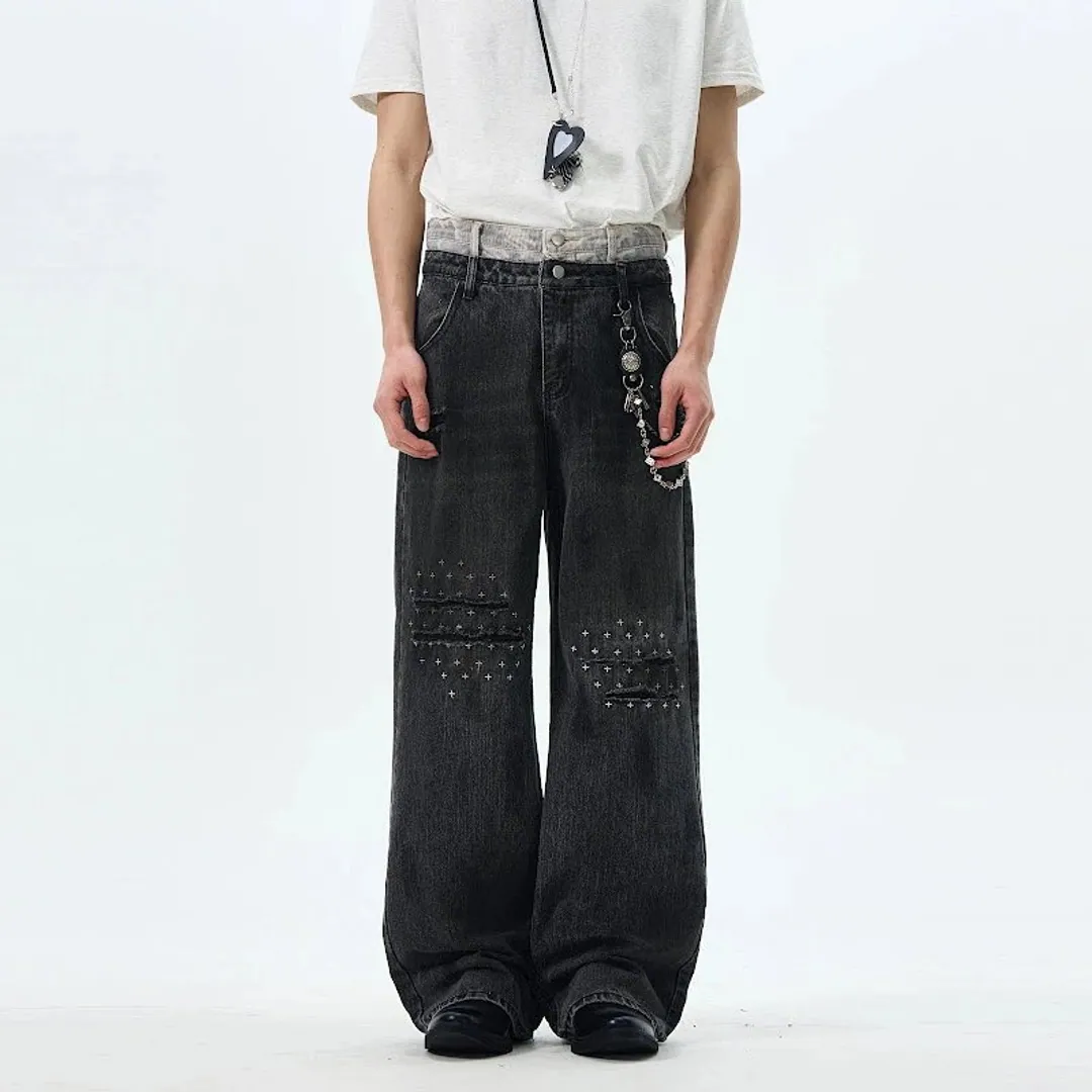 WLNEXT Double waist Sashiko denim