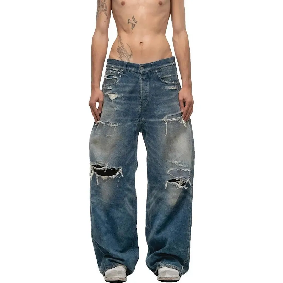 No Faith Studios Washed Distressed blue denim