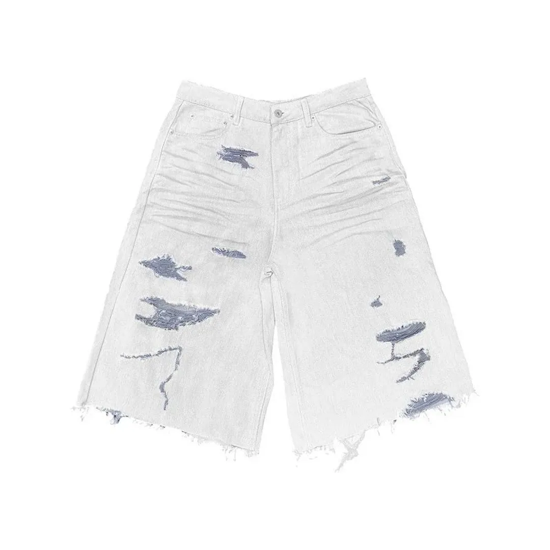 Wanna Lab Distressed white denim shorts