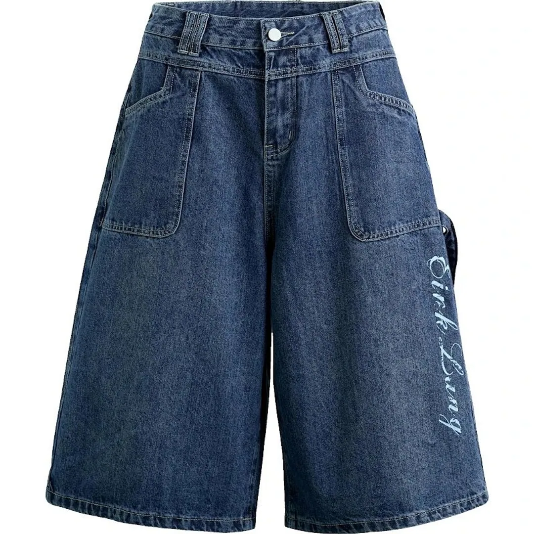 Feel Lonely Baggy embroidered denim shorts