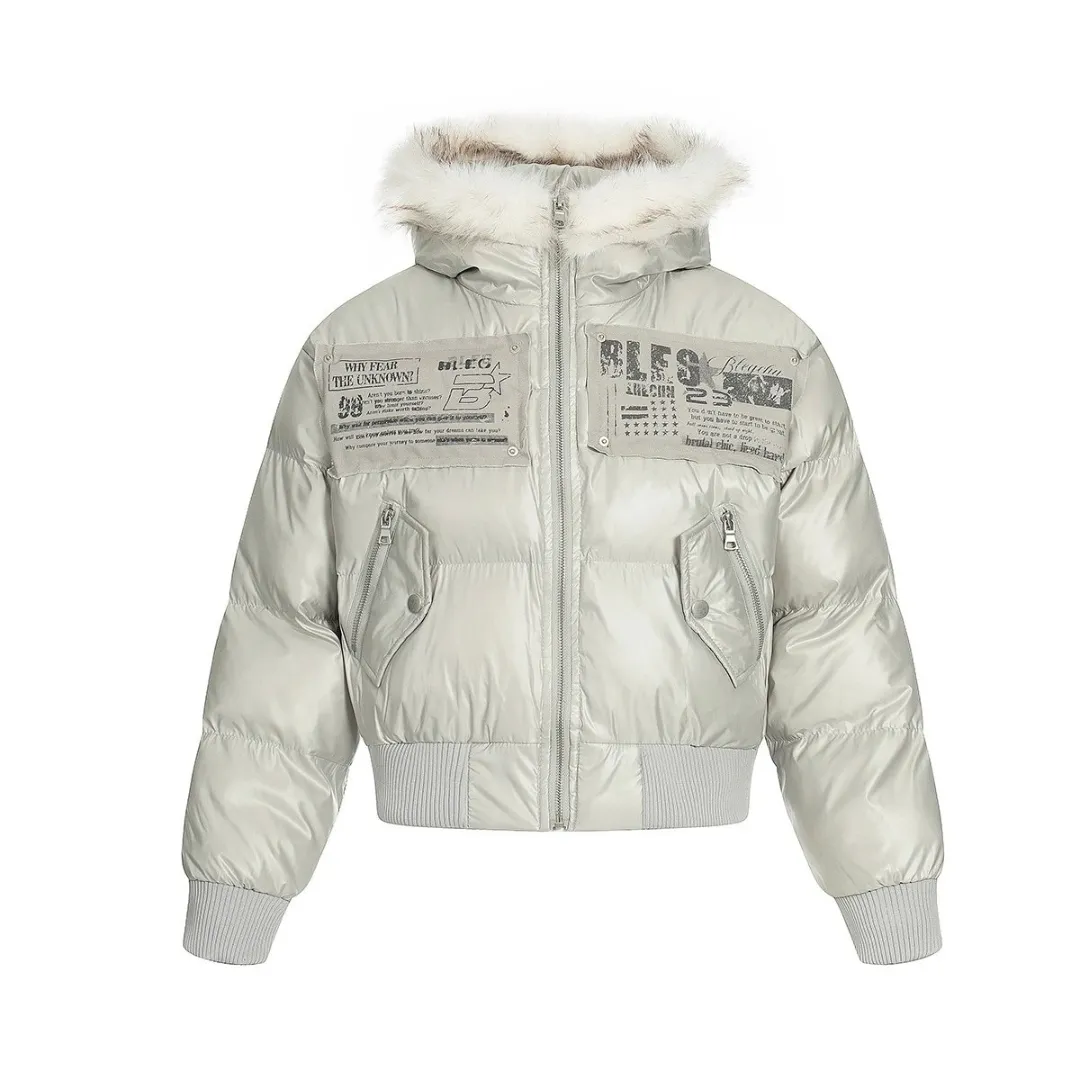 Short printed cotton-padded jacket with fur collar